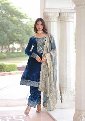 Blue Sequin Work Velvet Kurta Set