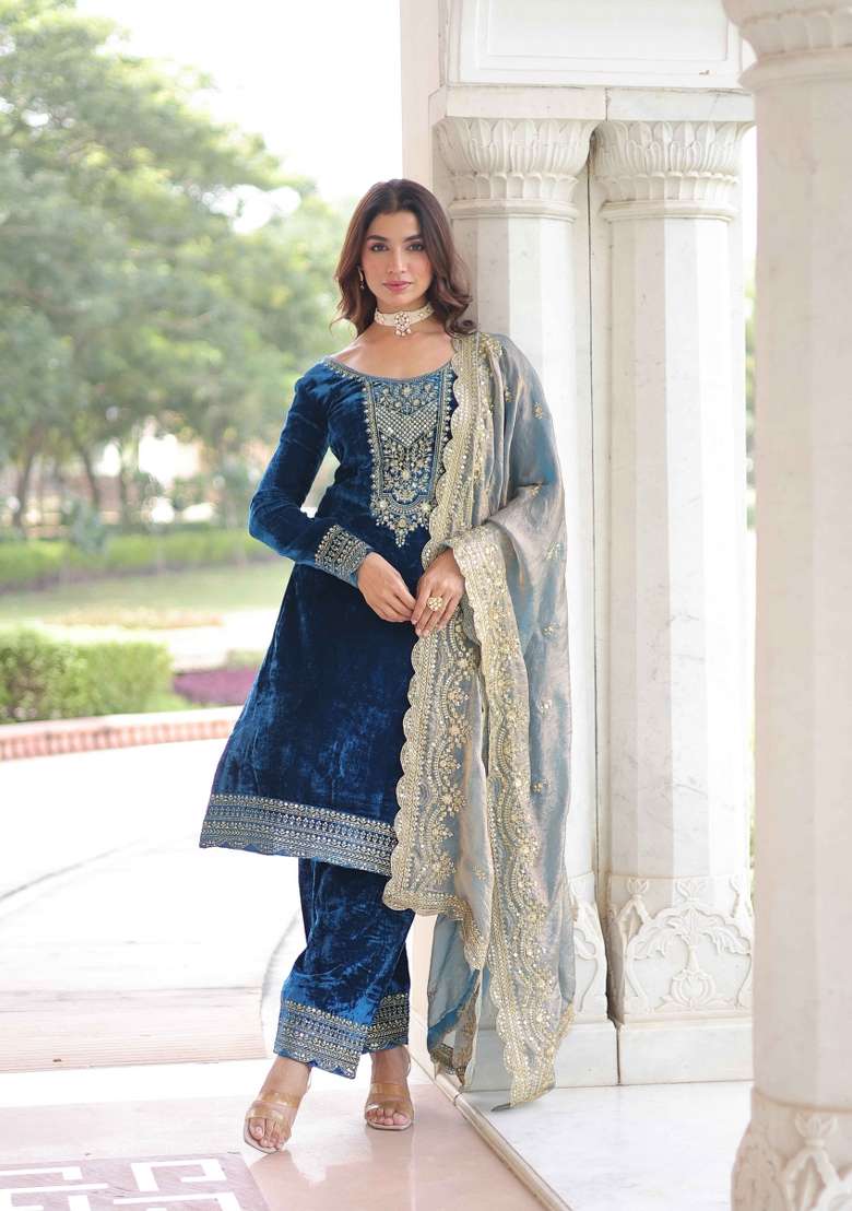 Blue Sequin Work Velvet Kurta Set - Indya