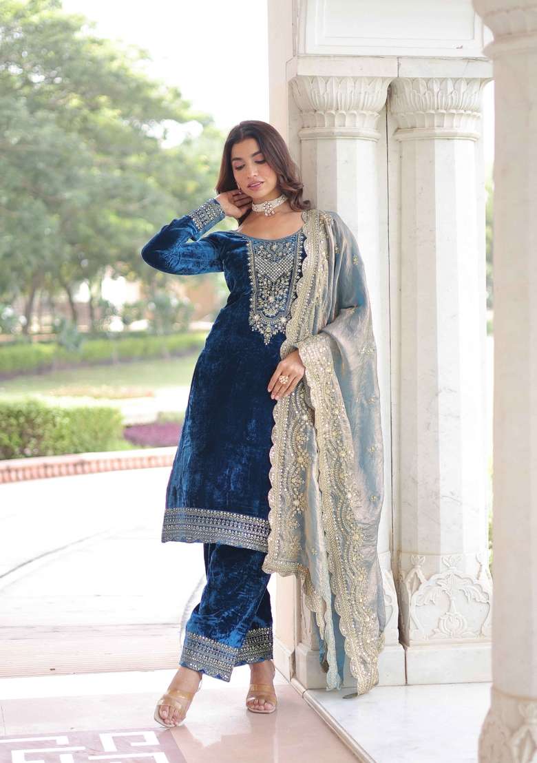 Blue Sequin Work Velvet Kurta Set - Indya