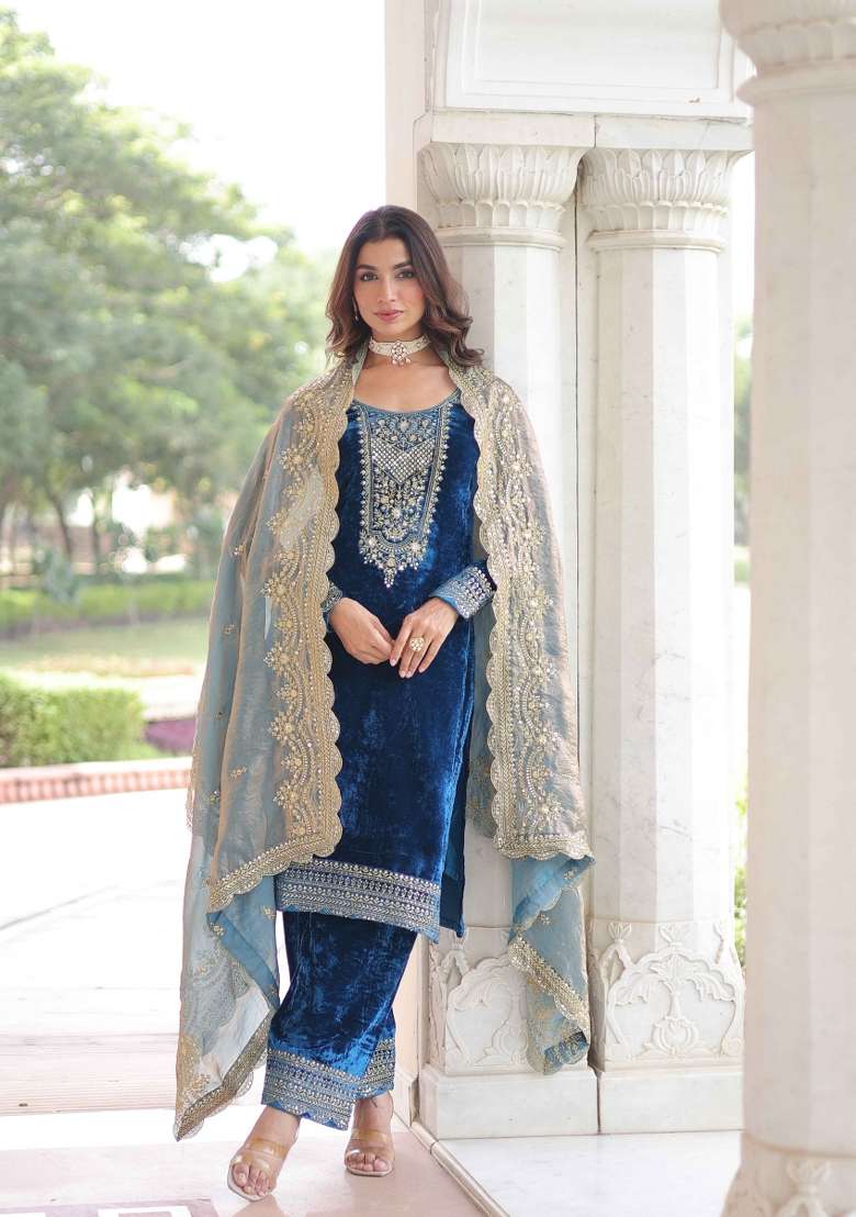 Blue Sequin Work Velvet Kurta Set - Indya