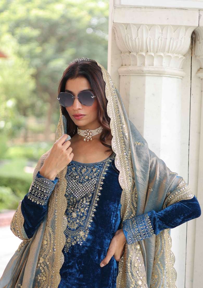 Blue Sequin Work Velvet Kurta Set - Indya