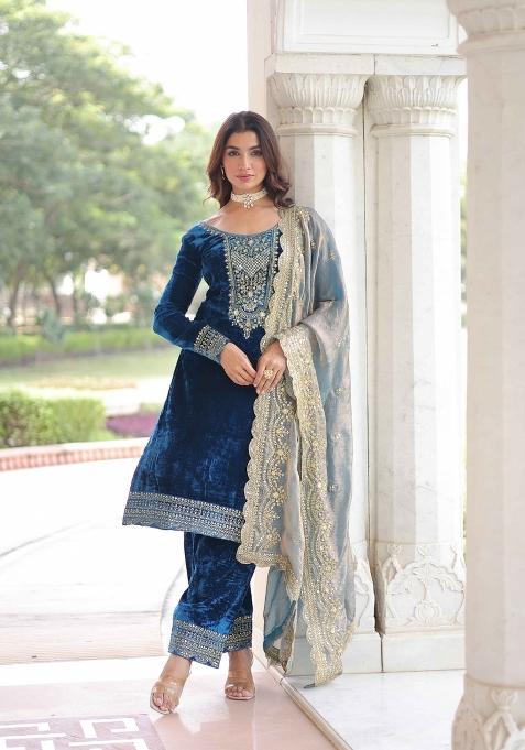 Blue Sequin Work Velvet Kurta Set