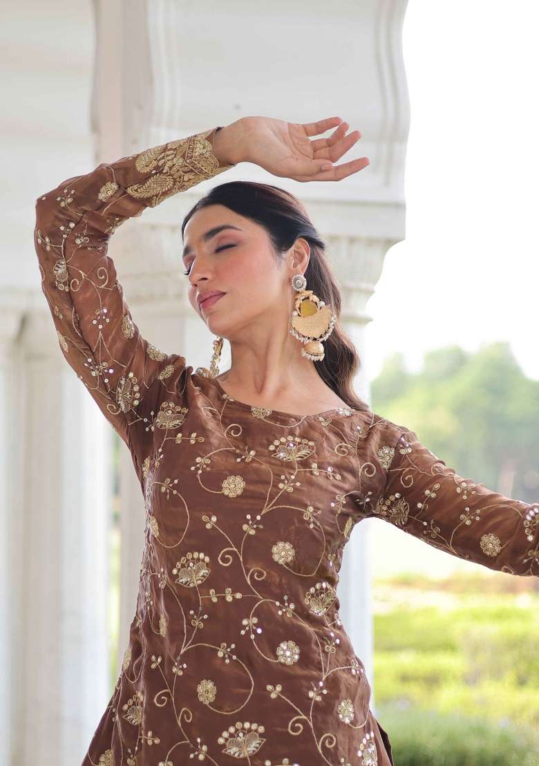 Coffee Sequin Work Fendy Kurta Set - Indya
