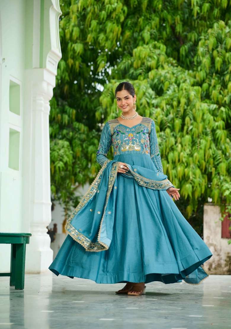 Sky Blue Sequin Work Silk Kurta Set - Indya