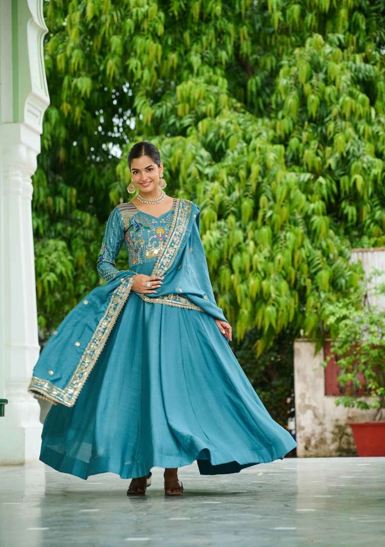 Sky Blue Sequin Work Silk Kurta Set - Indya