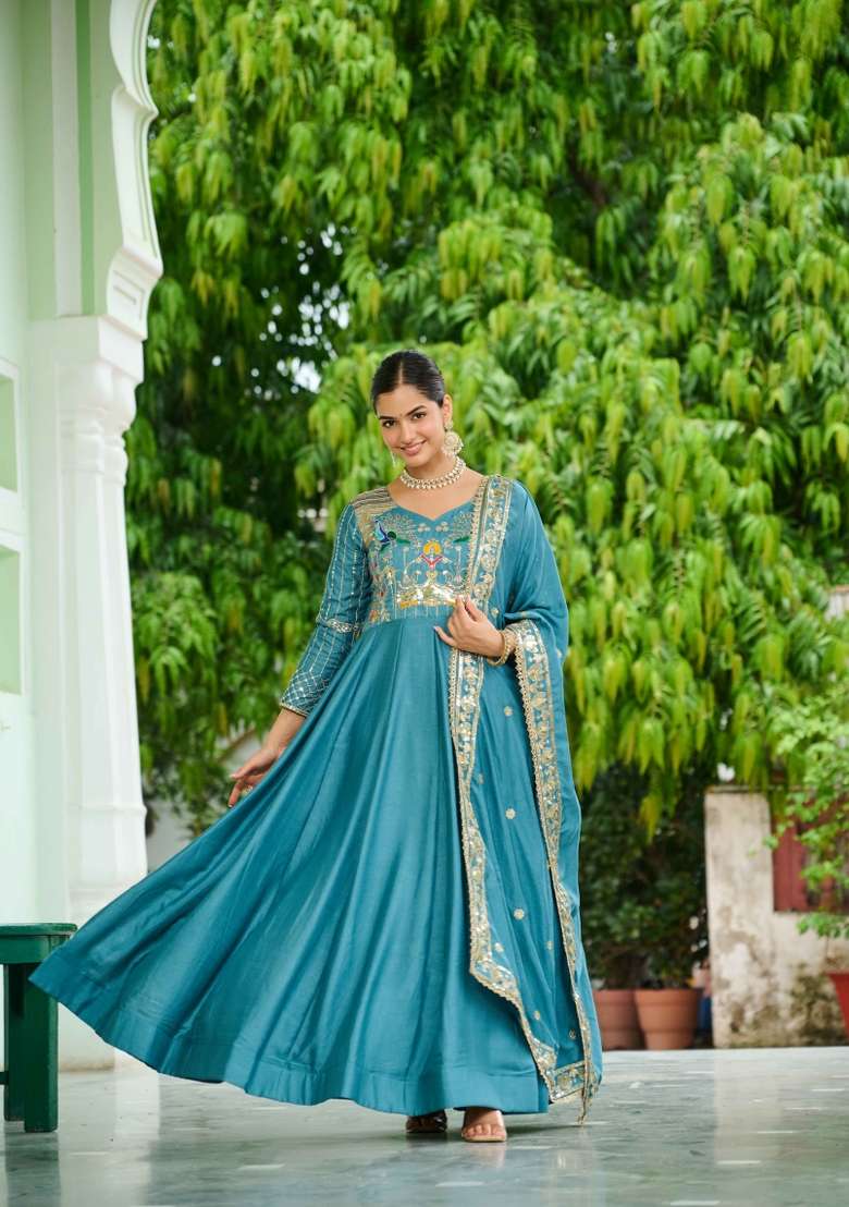 Sky Blue Sequin Work Silk Kurta Set - Indya