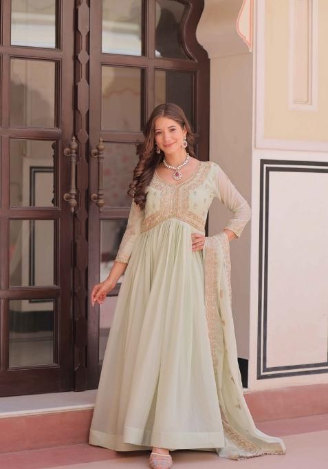 Pista Sequin Work Georgette Anarkali With Dupatta
