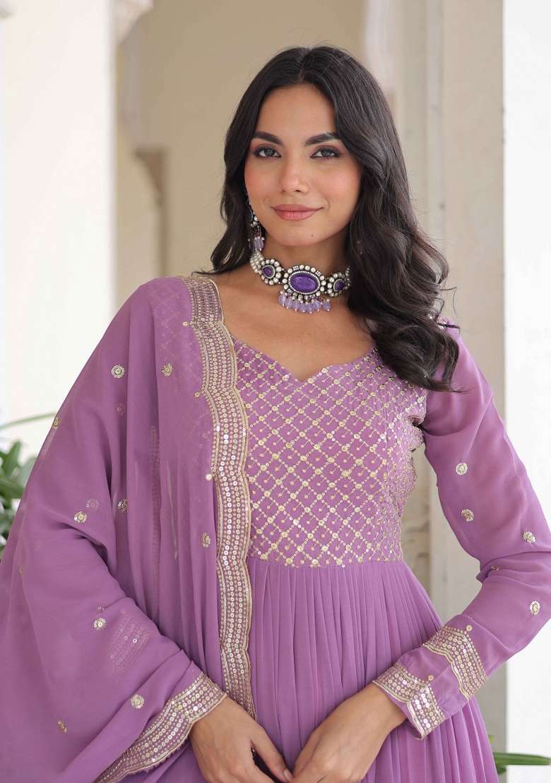 Purple Sequin Work Georgette Anarkali With Dupatta - Indya