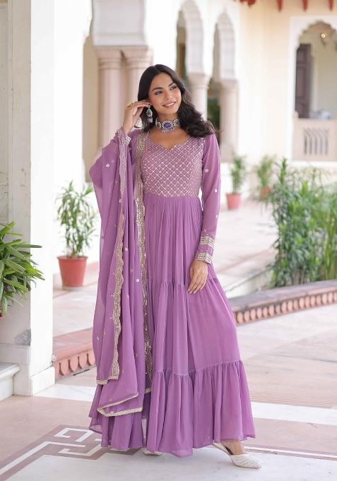 Purple Sequin Work Georgette Anarkali With Dupatta