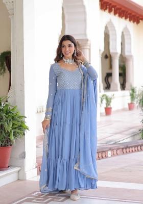 Sky Blue Sequin Work Georgette Anarkali With Dupatta