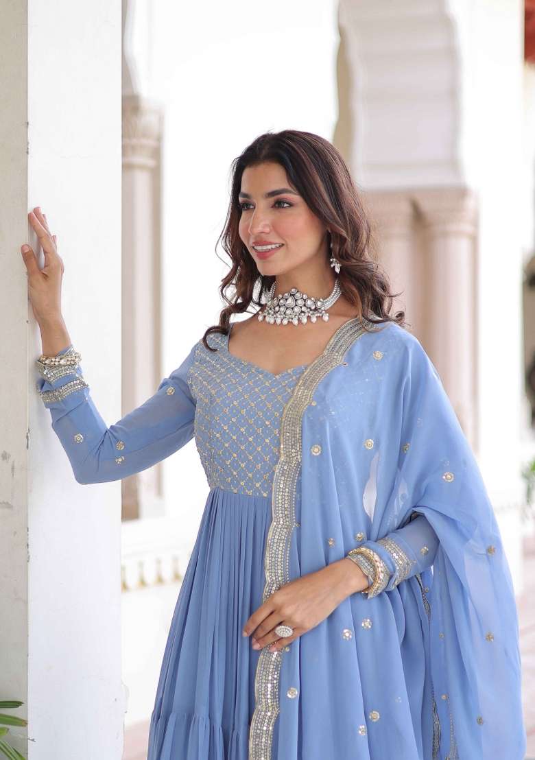 Sky Blue Sequin Work Georgette Anarkali With Dupatta - Indya
