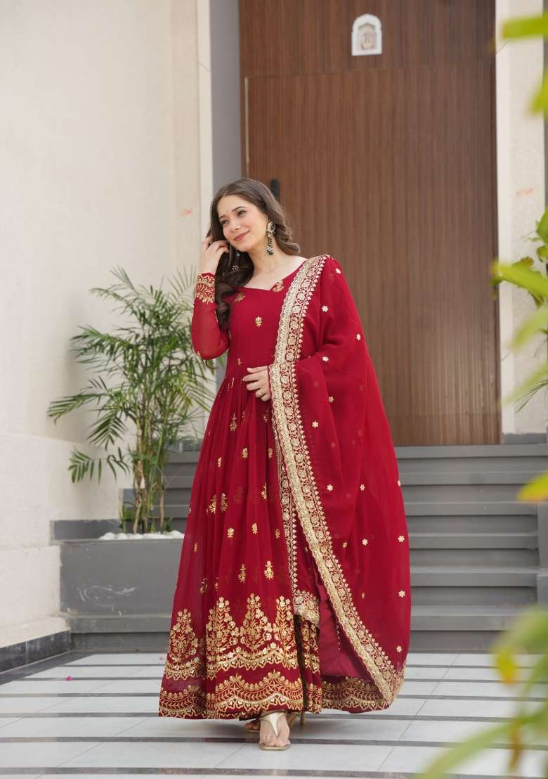 Maroon Sequin Work Faux Blooming Anarkali With Dupatta - Indya