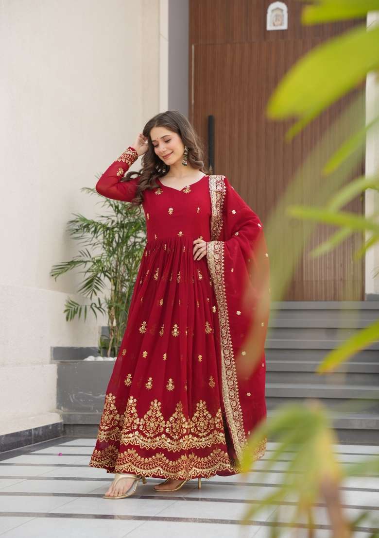 Maroon Sequin Work Faux Blooming Anarkali With Dupatta - Indya
