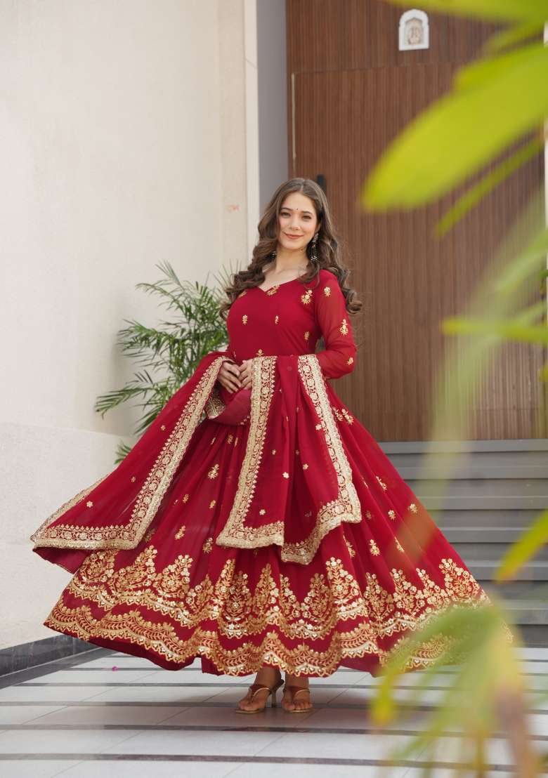 Maroon Sequin Work Faux Blooming Anarkali With Dupatta - Indya