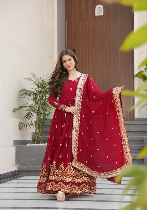 Maroon Sequin Work Faux Blooming Anarkali With Dupatta