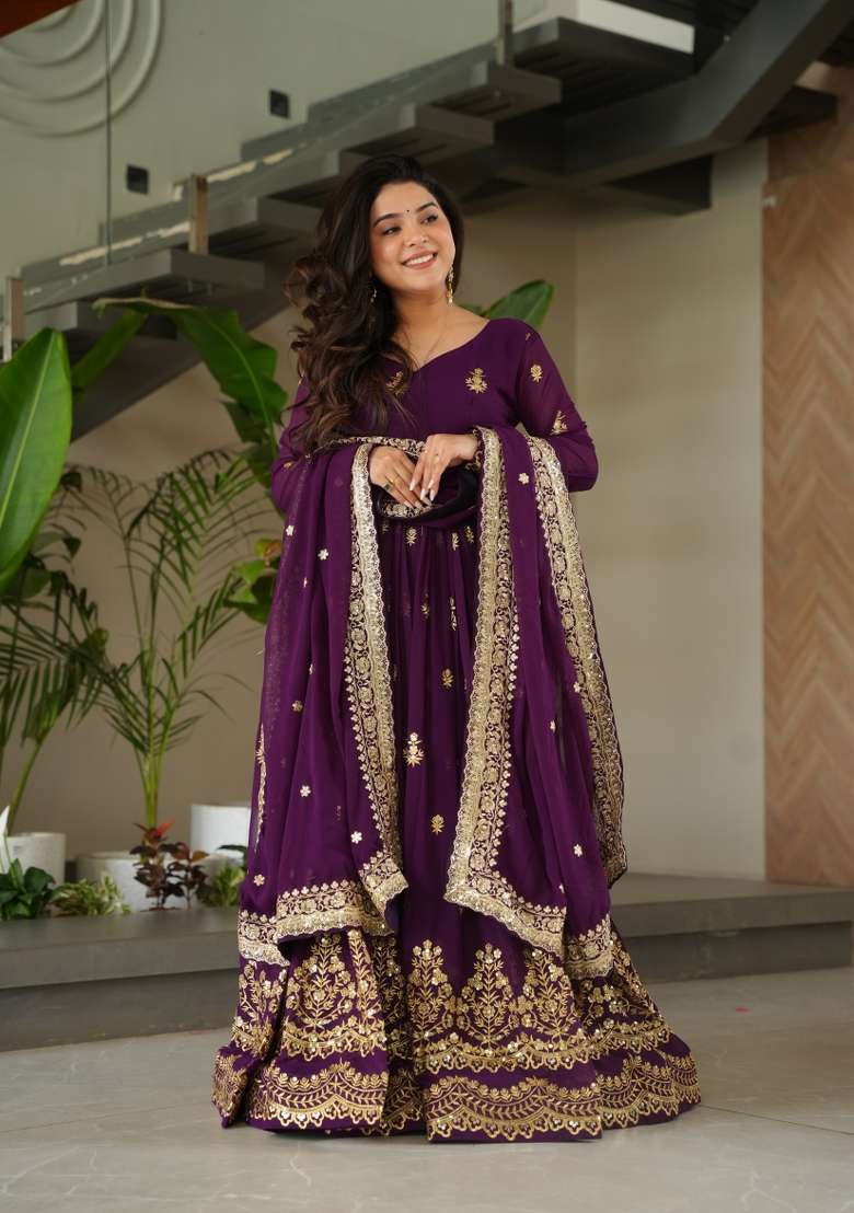 Purple Sequin Work Faux Blooming Anarkali With Dupatta - Indya