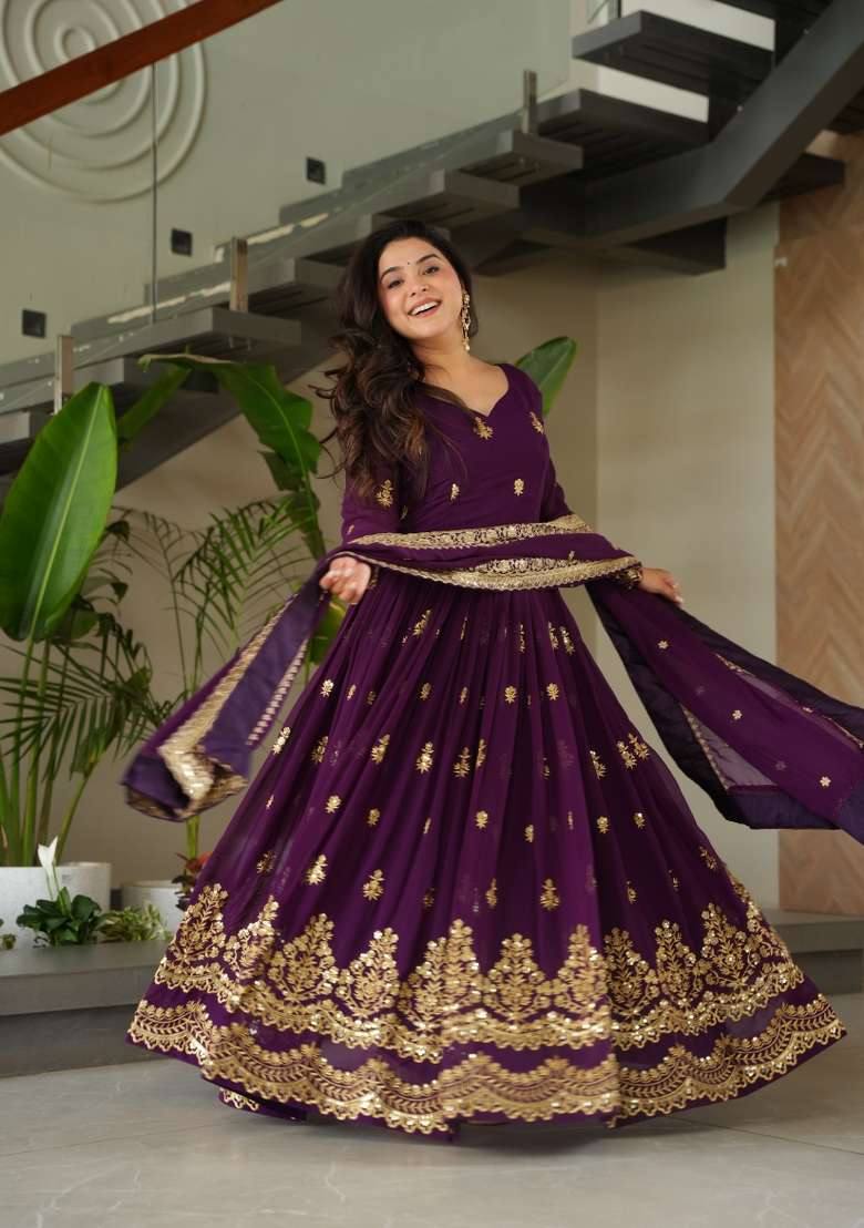Purple Sequin Work Faux Blooming Anarkali With Dupatta - Indya