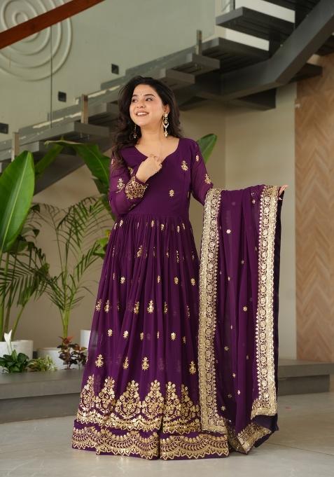 Purple Sequin Work Faux Blooming Anarkali With Dupatta