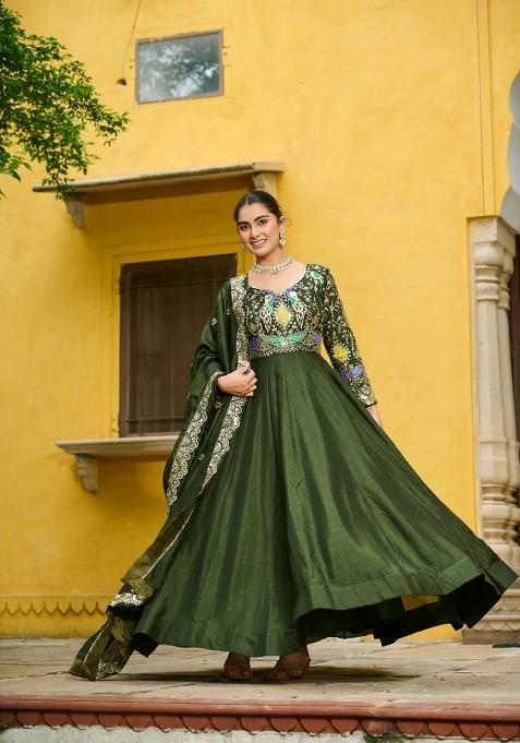Green Embroidered Vichitra Anarkali With Dupatta