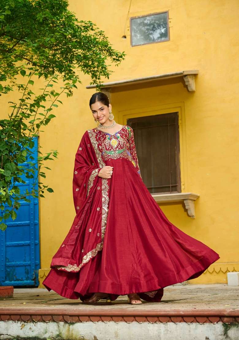 Maroon Embroidered Vichitra Anarkali With Dupatta - Indya