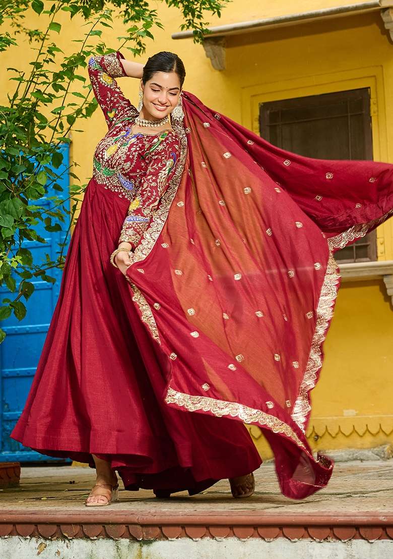 Maroon Embroidered Vichitra Anarkali With Dupatta - Indya