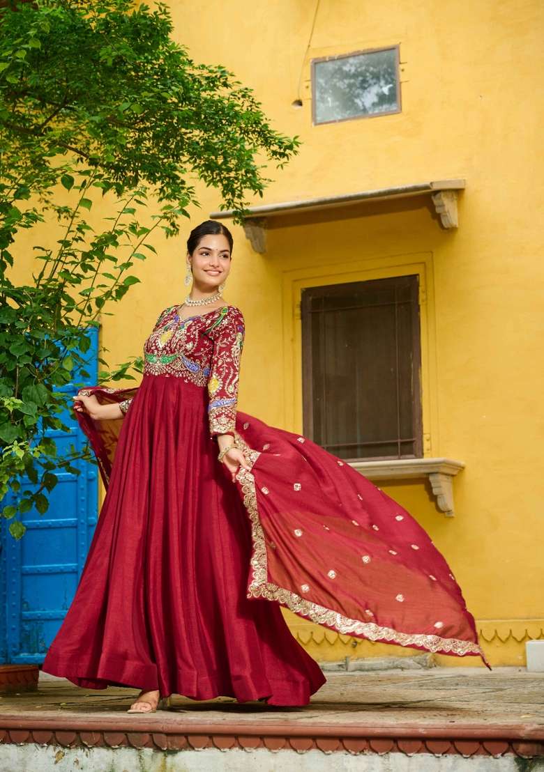 Maroon Embroidered Vichitra Anarkali With Dupatta - Indya