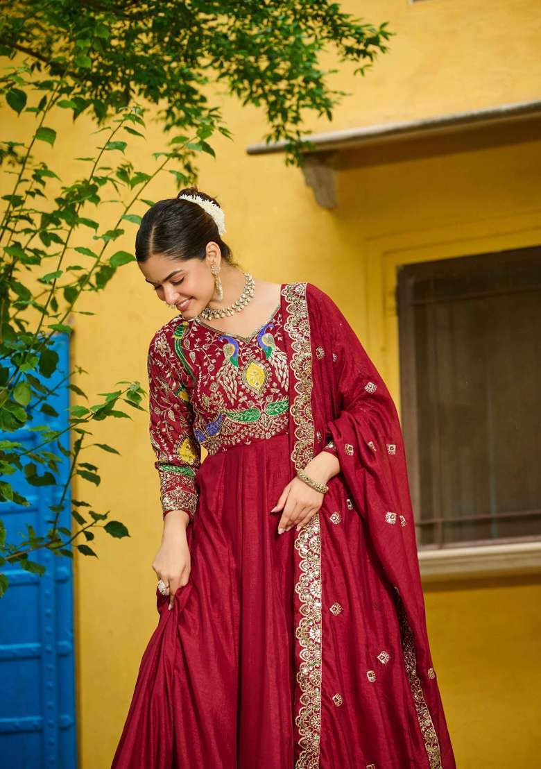 Maroon Embroidered Vichitra Anarkali With Dupatta - Indya
