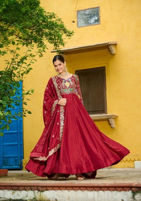 Maroon Embroidered Vichitra Anarkali With Dupatta
