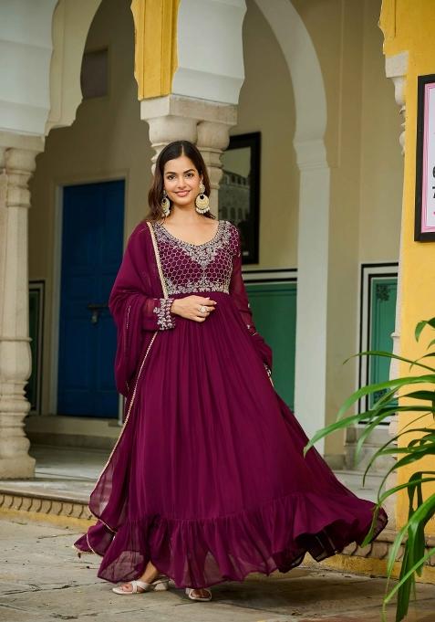 Wine Beads Work Faux Blooming Anarkali With Dupatta