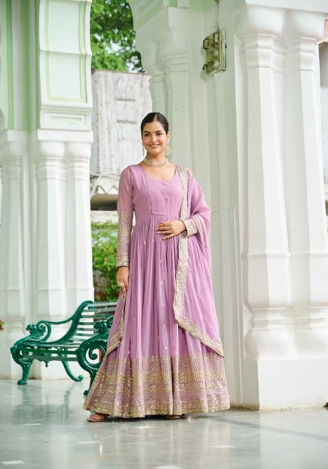 Pink Embroidered Georgette Anarkali With Dupatta