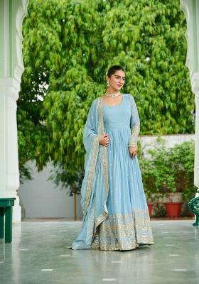 Sky Blue Embroidered Georgette Anarkali With Dupatta