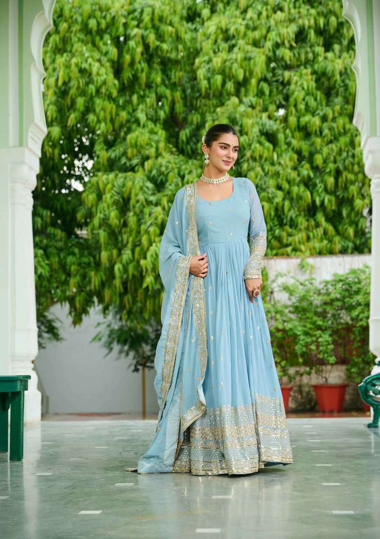 Sky Blue Embroidered Georgette Anarkali With Dupatta - Indya