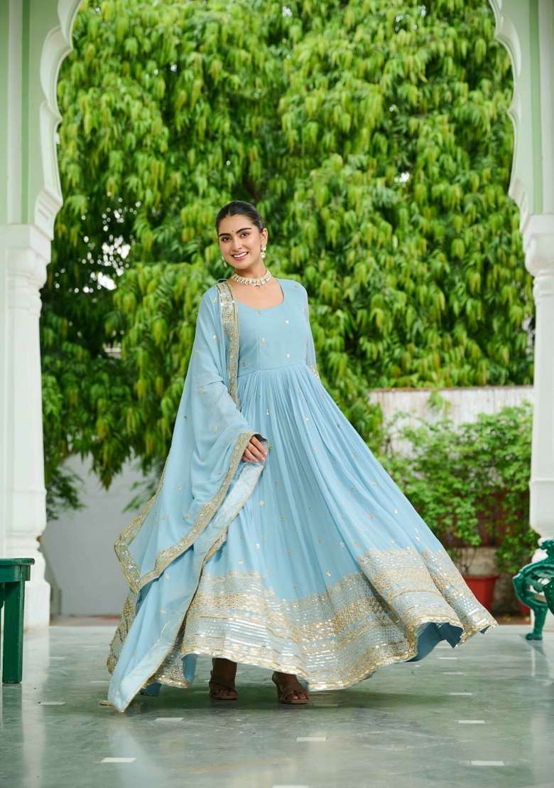 Sky Blue Embroidered Georgette Anarkali With Dupatta - Indya