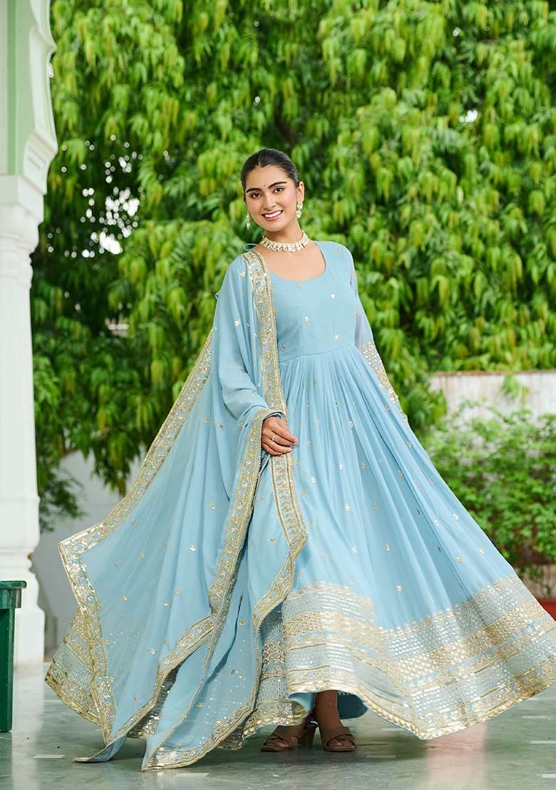 Sky Blue Embroidered Georgette Anarkali With Dupatta - Indya