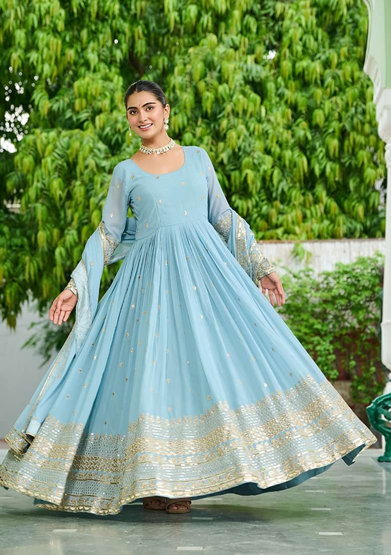 Sky Blue Embroidered Georgette Anarkali With Dupatta - Indya