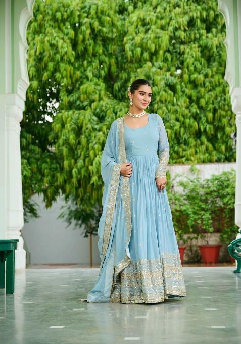 Sky Blue Embroidered Georgette Anarkali With Dupatta