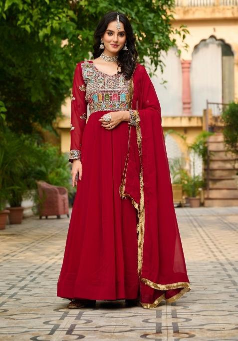 Maroon Sequin Work Faux Blooming Anarkali With Dupatta