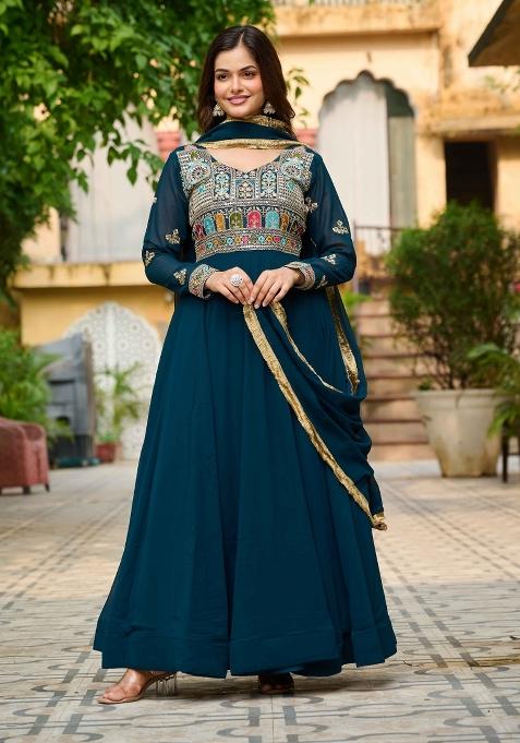 Rama Sequin Work Faux Blooming Anarkali With Dupatta