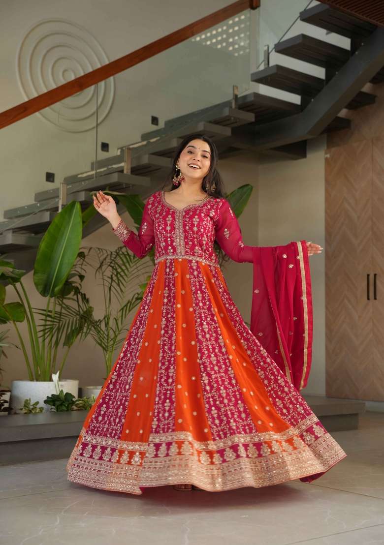 Pink Sequin Work Faux Blooming Anarkali With Dupatta - Indya