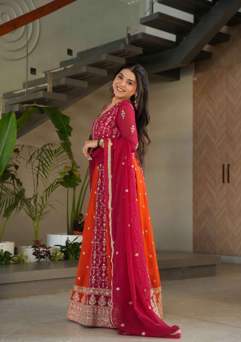 Pink Sequin Work Faux Blooming Anarkali With Dupatta - Indya