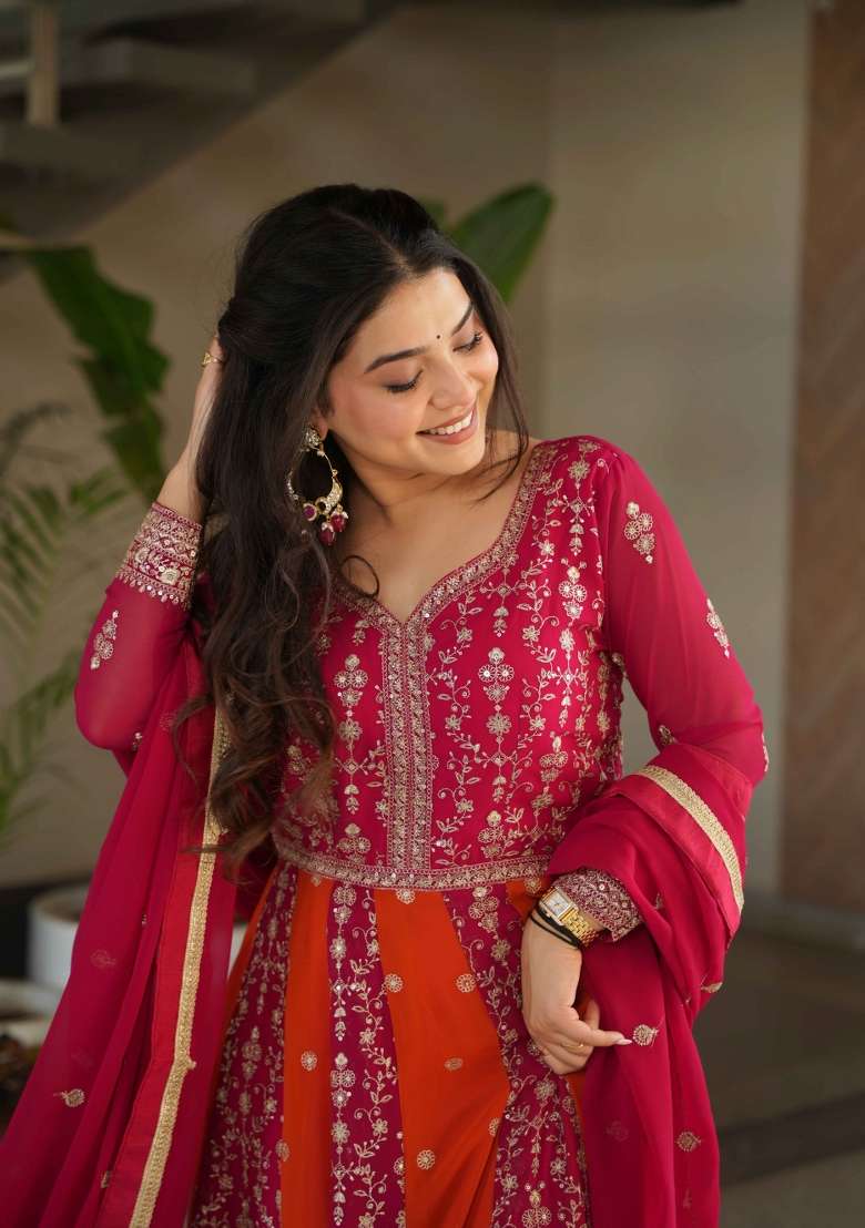 Pink Sequin Work Faux Blooming Anarkali With Dupatta - Indya