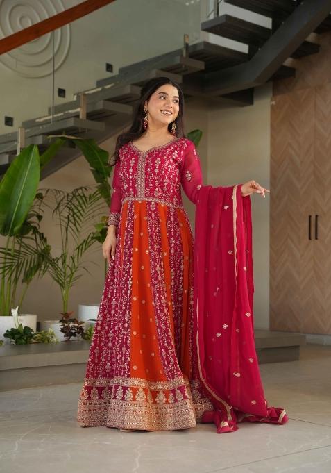 Pink Sequin Work Faux Blooming Anarkali With Dupatta