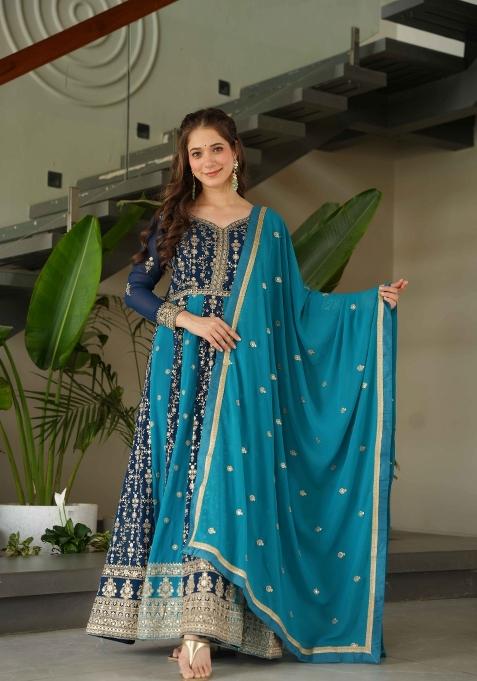 Rama Sequin Work Faux Blooming Anarkali With Dupatta