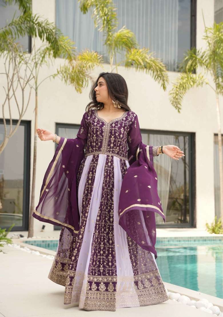 Wine Sequin Work Faux Blooming Anarkali With Dupatta - Indya