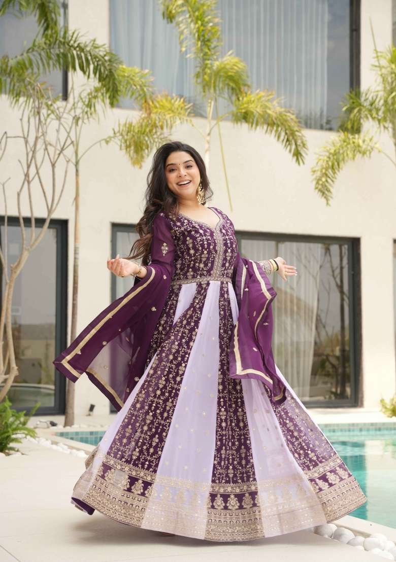 Wine Sequin Work Faux Blooming Anarkali With Dupatta - Indya