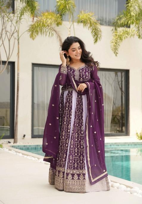 Wine Sequin Work Faux Blooming Anarkali With Dupatta