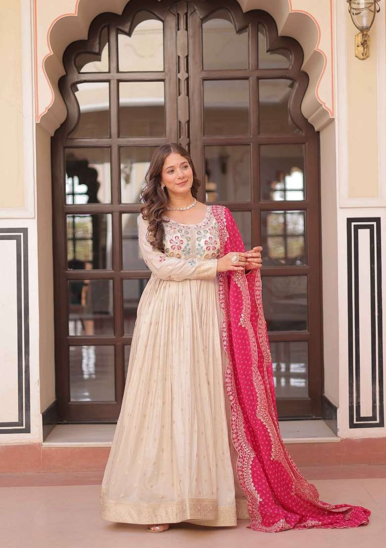 Pink Beads Work Cosmos Anarkali With Dupatta - Indya