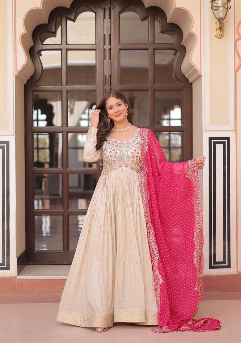 Pink Beads Work Cosmos Anarkali With Dupatta - Indya
