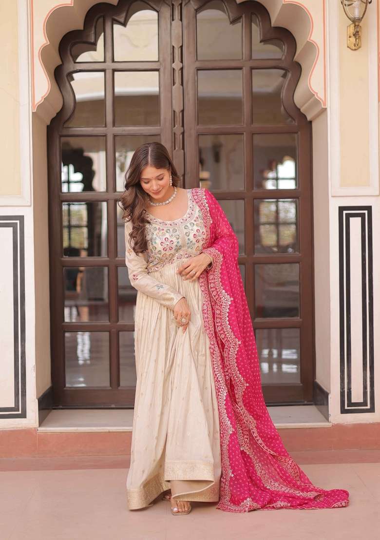 Pink Beads Work Cosmos Anarkali With Dupatta - Indya