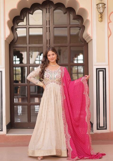 Pink Beads Work Cosmos Anarkali With Dupatta